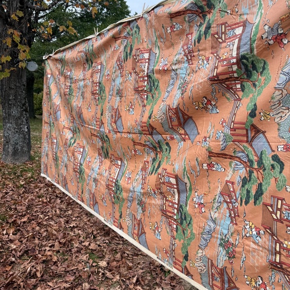 Vtg Cotton Chintz Fabric 7 5/8 yds 101 Children Peach Upholstery Asian Toile - Picture 1 of 16